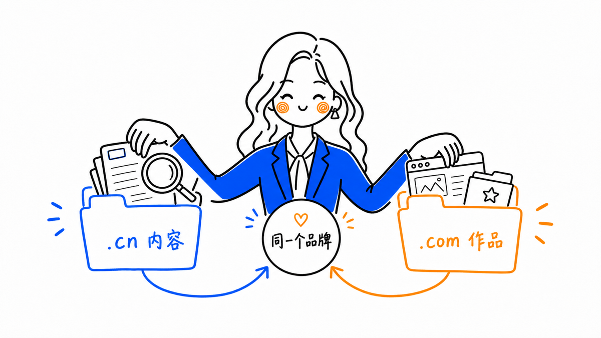 cn 内容网站与 com 作品集的分工