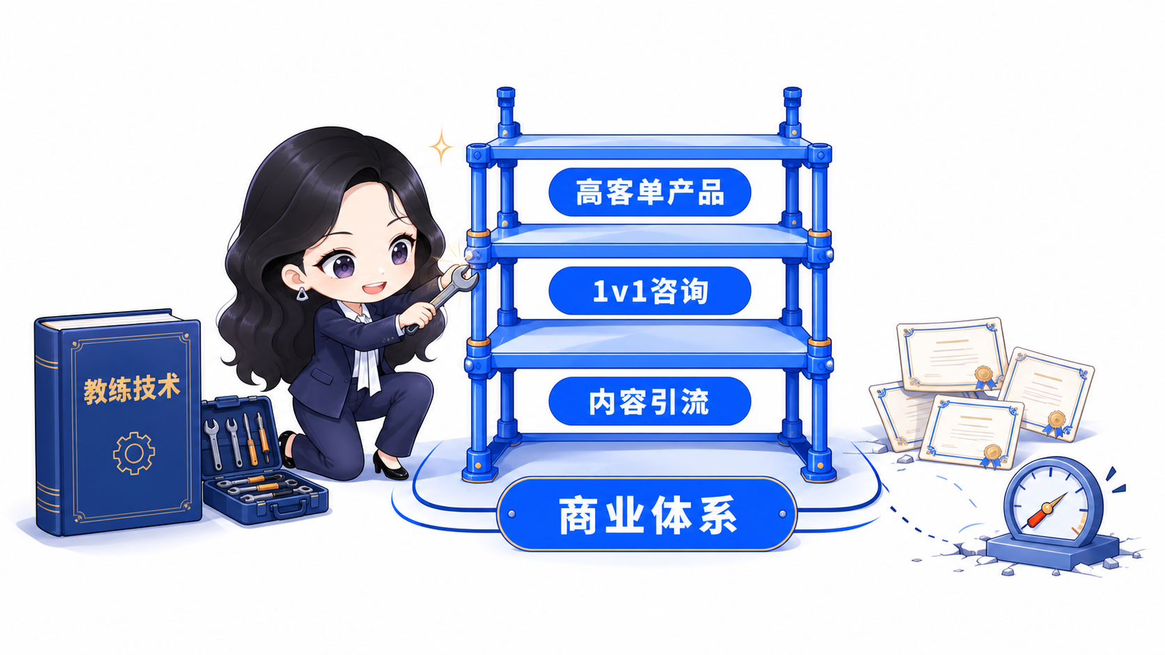 教练技术是工具，内容引流、1v1咨询和高客单产品构成商业体系