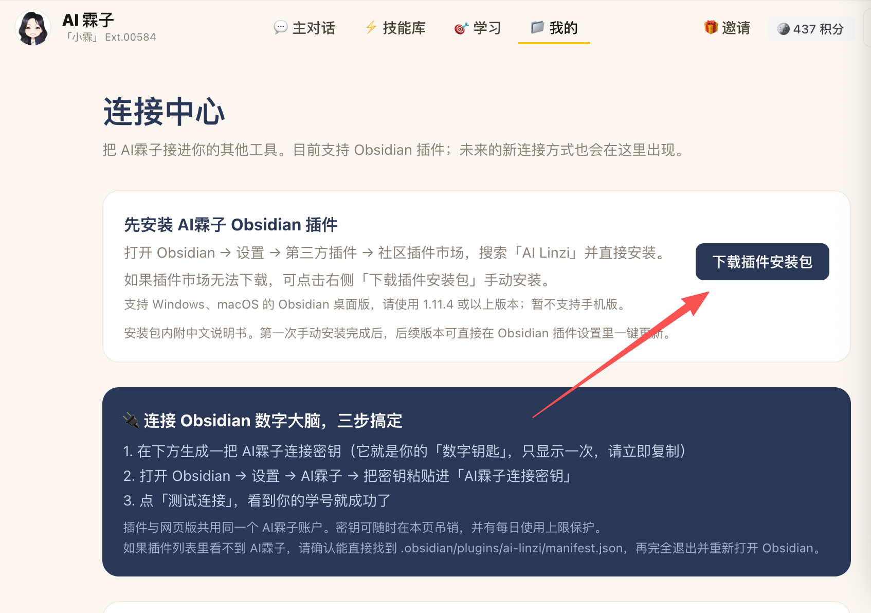 在 AI霖子网页版连接中心下载插件安装包