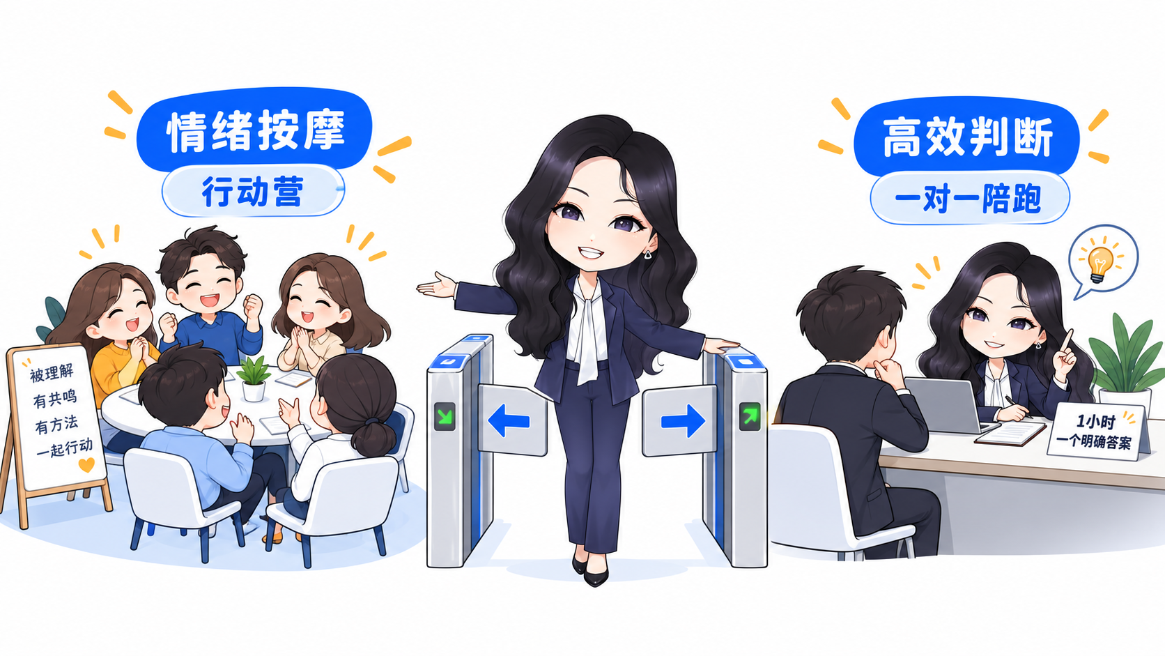 需要情绪按摩的人适合行动营，要高效判断的人适合一对一陪跑