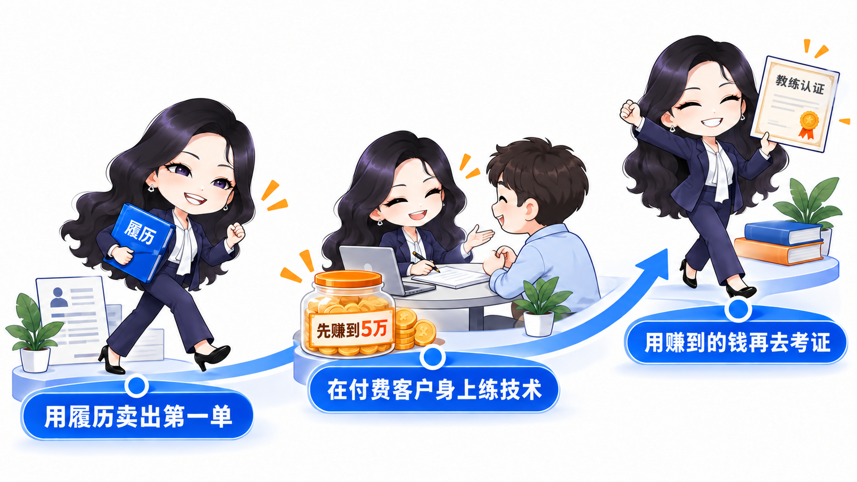 用履历卖出第一单,在付费客户身上练技术,用赚到的钱再去考证